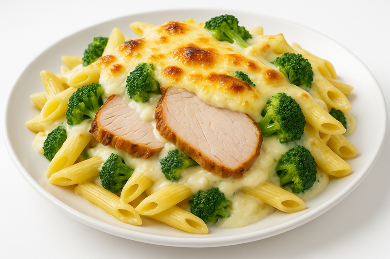 Schab pieczony - plasterkowany 100g Zapiekanka_z_pieczonym_schabem__beszamelem_i_brokulami