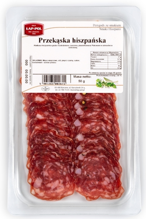 Przekąska hiszpańska plasterkowana 50g, tapas, deska wędlin, wędlina na deskę, zamiast chipsów, przekąska wysokobiałkowa fitness, Fuet, salchichón