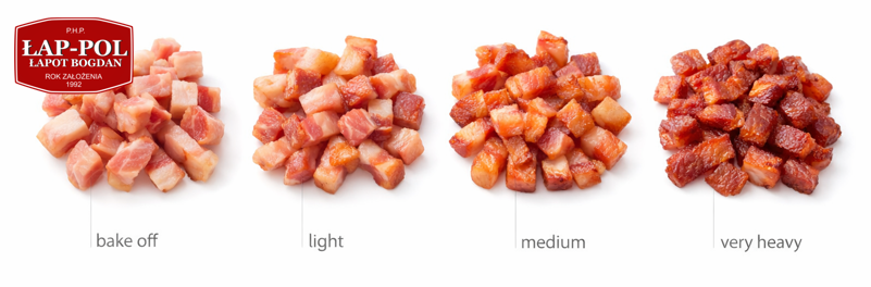 Boczek crispy kostka Stopien wysmazenia biale tlo Lap-pol
