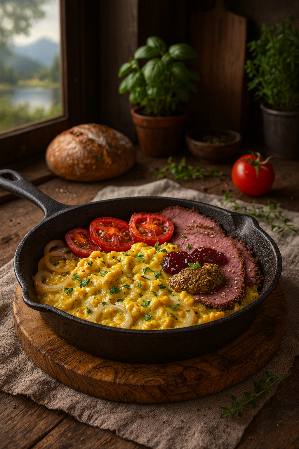 jajecznica z plastrami wołowiny w ziołach podana na patelni