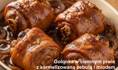 Golonka pieczona bez kości w ciemnym piwie z karmelizowaną cebulą i miodem