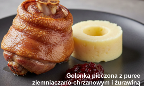 Golonka pieczona bez kości z puree ziemniaczano-chrzanowym i żurawiną