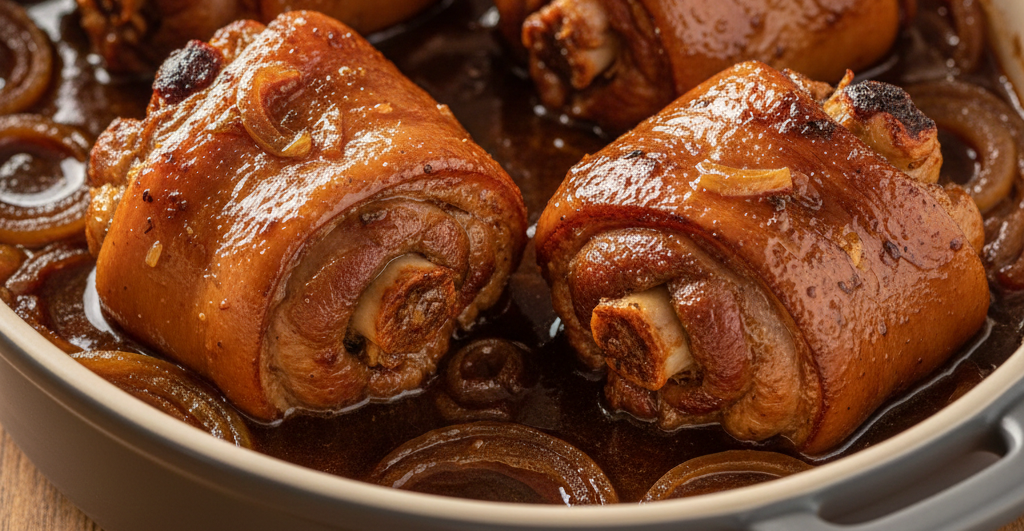 Golonka pieczona w ciemnym piwie z karmelizowaną cebulą i miodem