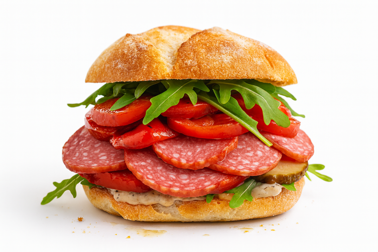 Salami pizza - plasterkowane 100g Kanapka gourmet z salami pizza grillowana papryka i kremem z baklazana bell