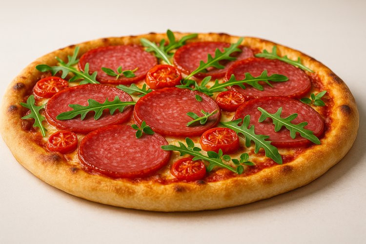 Salami pizza - plasterkowane 100g Pizza gourmet z salami pizza pieczonymi pomidorami koktajlowymi i rukola2 bell