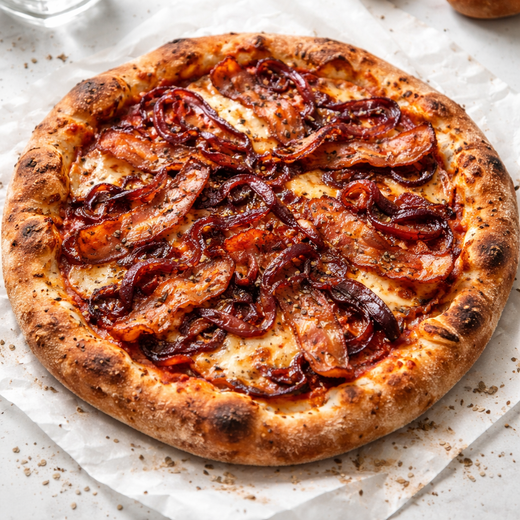 Rustykalna pizza z boczkiem wiejskim, karmelizowaną cebulą i serem wędzonym