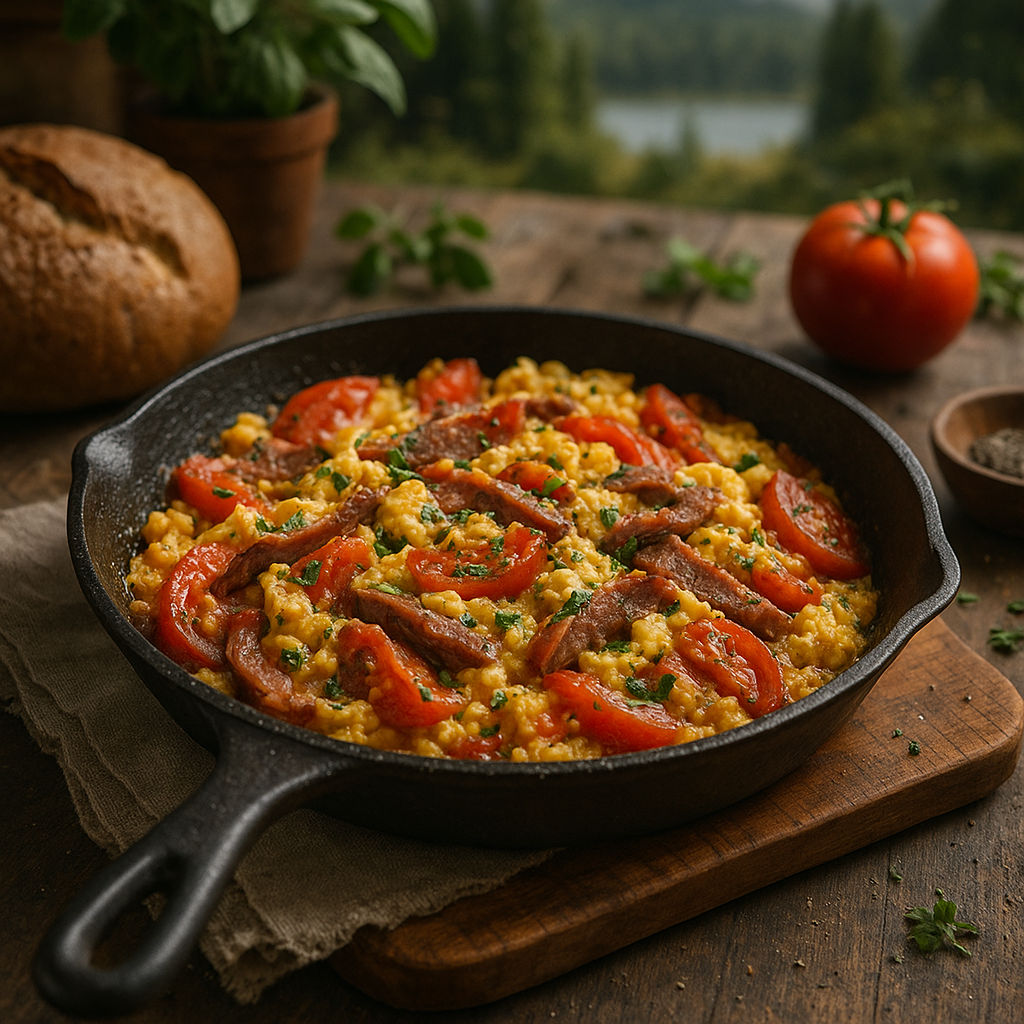 Jajecznica drwala z wołowiną w ziołach 