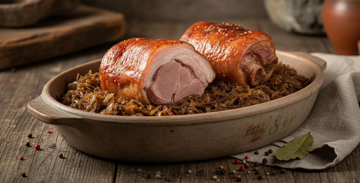 Golonka pieczona z kapustą kiszoną i kminkiem – danie biesiadne